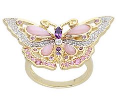 Highlight your romantic personality with this delicate butterfly ring featuring a bold arrangement of stones in rosy hues. From Ariva. Delicate Butterfly, Birthday Board, Butterfly Ring, Body Jewellery, Wedding Cake, 18k Gold, Jewelry Rings, Fine Jewelry, Gemstones