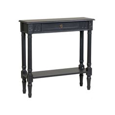 a black console table with two drawers and one drawer on the bottom, in front of a white background