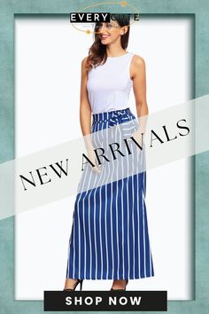 Dark Blue Striped Maxi Skirt Chic High-waist Blue Maxi Skirt, Chic High Waist Blue Maxi Skirt, Casual Navy Skirt For Summer, Chic Blue Cotton Maxi Skirt, Blue Maxi Skirt For Spring Day Out, Casual Navy Skirt For Spring, Chic Blue Skirt With Pockets, High Waist Blue Maxi Skirt For Summer, Chic Navy Skirt For Summer