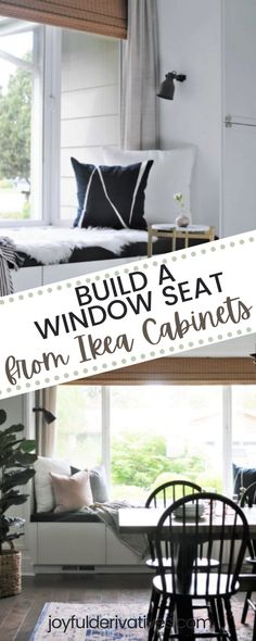 a window seat in a living room with the words build a window seat from tea cabinets