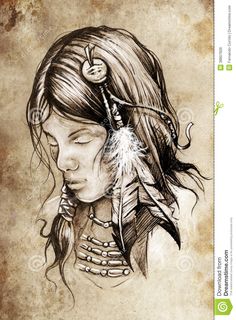 American Indian Woman Tattoo Sketch Stock Illustration - Image ... Woman Tattoo Sketch, Indian Woman Tattoo, Indian Women Tattoo, Woman Tattoo Design, Warrior Drawing, Woman Tattoo