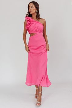 Hot Pink Wedding Guest Dress, Special Birthday Dinner, Hot Pink Long Dress, Wedding Guest Fits, Bridesmaid Dresses Pink, Pink Dress Shoes, Party Ladies, One Shoulder Maxi Dress, Brunch Dress