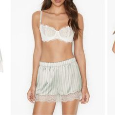 Perfect For Warmer Nights With Silky Satin And Elegant Lace That Elevate Your Sleep Style. Elastic Drawstring Waist. Lace Trim. No Hole, Stain Or Smell. Feminine White Pajama Shorts For Pajama Party, Feminine White Pajama Shorts For Loungewear, Victoria's Secret White Short Sleepwear, White Lace Trim Pajama Shorts For Sleep, White Lace Trim Short Sleepwear, White Bridal Robe, Blue Lace Bra, Lace Babydoll Dress, Red Silk Dress