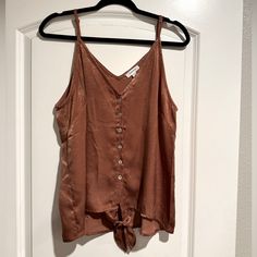 Brand New Without Tags! Shimmery Tank With Adjustable Straps And Full Button Up. Chic Vacation Tops With Button Closure, Chic Tops With Button Closure For Vacation, Rayon V-neck Top With Button Closure, Summer Brown Button-up Tops, Brown Button-up Summer Tops, Brown Tops With Button Closure For Day Out, Brown Summer Tops With Buttons, Chic Rayon Tops With Buttons, Brown Buttoned Tops For Summer