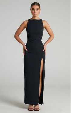 Elegant Sleeveless Dress With Side Slits For Party, Elegant Sleeveless Dress With Side Slits For Night Out, Fitted Black Sleeveless Dress With Side Slits, Fitted Sleeveless Dress With Side Slits For Night Out, Sleek Sleeveless Dress For Black-tie Events, Sleek Fitted Maxi Dress For Black-tie Events, Elegant Sleeveless Midi Dress For Black-tie Events, Sleek Fitted Dresses For Black-tie Events, Elegant Maxi Length Bodycon Sleeveless Dress