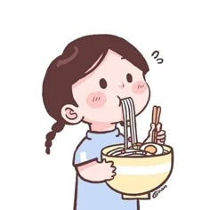 a woman holding a bowl of noodles with chopsticks in her mouth and eating it