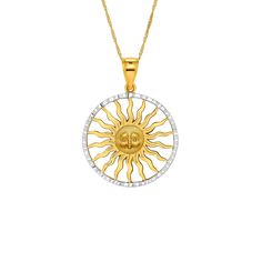 "14k solid gold two tone sun pendant. measures 1 1/2\" by 1\". chain measures 18\" long. ** includes 14k solid gold 18\" chain **" 14k Yellow Gold Sun Design Necklace, 14k Gold Necklaces With Sun Design, Yellow Gold Sun Design Necklace, Yellow Gold Medallion Necklace With Sun Design, 14k Gold Sun Design Necklaces, 14k Gold Sun Design Necklace, Gold Sunburst Jewelry With Sun And Moon Design, 14k Yellow Gold Sun Design Jewelry, Yellow Gold Sun And Moon Pendant Necklace