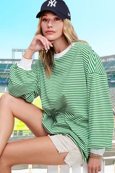 Adorable lightweight knit top that's perfect for casual days! Love the oversized feel and soft knit fabric. Could be super fun for game days also!! - 95% Cotton, 5% Spandex Small 4-6, Medium 8-10 Large 12-14 Oversized Long Sleeve Shirt, Striped T Shirt, Judy Blue Jeans, Perfect Style, Apple Green, Out And About, Sheer Fabrics, Light Weight Sweater, Oversized Shirt