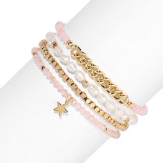 Experience the simple beauty of our Baroque Pearl & Shell Pink Crystal 4 Bracelet Set. Adorn your wrist with a real freshwater baroque pearl bracelet, complemented by 2 sparkling Shell Pink glass crystal bracelets. One featuring a 14k gold plated chain and the other a gold plated star. The strong-stretch design guarantees a flawless fit for most. Feminine Gold Jewelry With Round Beads, Feminine Gold Round Beaded Jewelry, Feminine Pink Pearl Chain Jewelry, Trendy Pink Gold Plated Jewelry, Trendy Pink Gold-plated Jewelry, Trendy Pearl Charm Jewelry For Party, Trendy Gold-plated Jewelry With Pearl Charm, Pink Pearl Charm Jewelry Gift, Trendy Gold Plated Jewelry With Pearl Charm