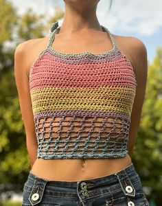 Multi-colored crop top made entirely by hand, Back strap available in all sizes and colors on commission. Colorful Crop Tops, Back Strap, Dress Clothes For Women, Multi Colored, Halloween Shopping, Beauty Book, Labour Day, Art Collection, Dress Outfits