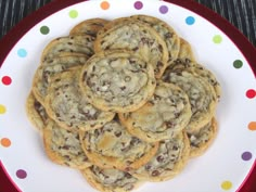 chocolate chip cookies on a plate with polka dots