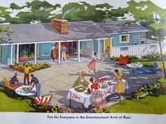 an advertisement for a house with people eating and drinking in the front yard, surrounded by trees