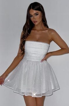 Katrina Mini Dress - Ivory Sparkle Cocktail Dress With Gathered Voluminous Skirt, Cocktail Dress With Voluminous Gathered Skirt, Pleated Bodice Mini Dress For Prom, Prom Mini Dress With Pleated Bodice, White Flirty Mini Dress With Boned Bodice, Prom Mini Dress With Ruched Bodice, Flirty White Mini Dress With Boned Bodice, White Party Dress With Voluminous Skirt, White Voluminous Skirt Party Dress