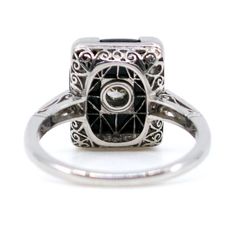 This charming rectangle-shape vintage Art Deco revivalist design ring feature ±0.15ct (J SI1) Old European Cut Diamond, Onyx decorated with ±0,10ct Single Cut Diamonds accents crafted in Platinum. Size: 17.12 NL / 53.8 FR / 6¾ US / N UK Dimensions: H 0.5 x L 1 x W 1.3 cm Weight in grams: 5 Condition: Excellent condition - barely used with minimal signs of wear Registered Shipping or Local Pickup at our store (in case of Local Pickup; shipping cost if applicable will be refunded). Looking for mor Jewelry Details, Antiques Jewelry, Metallic Luster, Deco Jewelry, European Cut Diamonds, Platinum Ring, Art Deco Jewelry, Gorgeous Earrings, Rectangle Shape