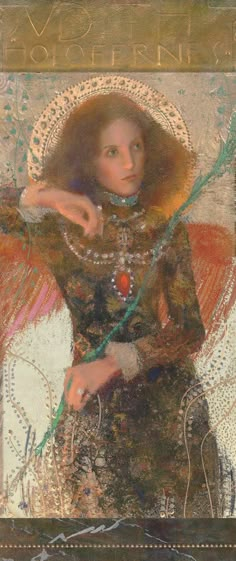 a painting of a woman with long hair and an angel wings on her chest holding a string