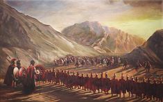 a painting of people on horses and men in red outfits walking down a mountain path