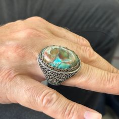 Silver Turquoise Stone Ring, Large Turquoise Rings, Ottoman Style Ring , Natural Gemstone , 925k Sterling Silver Ring , Gift For Him x★Item Details * Gender : Male / Female * Material : 925K Sterling Silver * Total weight : 26 Grams * Gemstone : Turquoise Stone ✔ Ready to Ship in 1-2 Business Days .. ✔ Shipped to the Worldwide 1-5 business days with free shipping... ✔ The product will be sent to you with a handmade wooden box to avoid any damage during shipping... ✔ Visit our store, browse other Artisan Turquoise Round Ring For Anniversary, Unique Multi-stone Turquoise Ring, Sterling Silver Multi-stone Turquoise Ring, Sterling Silver Round Turquoise Multi-stone Ring, Silver Turquoise Ring With Inlay, Turquoise Multi-stone Round Opal Ring, Turquoise Multi-stone Round Gemstones, Turquoise Multi-stone Gemstones, Artisan Emerald Ring With Round Gemstone