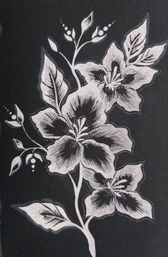 a black and white drawing of flowers with leaves on the bottom, in front of a dark background