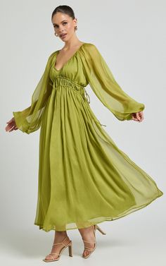 Roxanna Maxi Dress - Long Sleeve Ruched Waist Dress in Green Long Sleeve Bridesmaid Dresses, Rust Orange Dress, Plus Size Wedding Guest Dress, Autumn Color Palette Fashion, Heels Ideas, Green Chiffon Dress, Dress Georgette, Bishop Sleeve Dress, Ruched Waist Dress