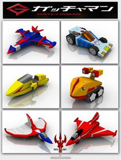 four different types of toy cars are shown in this image, with the same color and shape