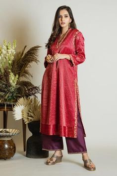 Shop for Maliha by Anar and Anoli Red Chanderi Silk Striped Kurta And Silk Pant Set for Women Online at Aza Fashions Luxury Red Slub Silk Churidar, Luxury Katan Silk Salwar Kameez With Straight Kurta, Luxury Semi-stitched Tussar Silk Kurta, Luxury Fitted Tussar Silk Churidar, Luxury Handloom Salwar Kameez In Straight Kurta Style, Luxury Katan Silk Churidar With Straight Kurta, Luxury Designer Tussar Silk Churidar, Luxury Semi-stitched Tussar Silk Sets, Luxury Tussar Silk Churidar For Designer Wear