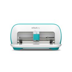 the cricut joy machine is sitting on top of a white surface with blue trim