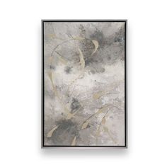 an abstract painting with grey and gold paint on the wall, framed in black frame