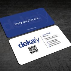 two business cards with qr code for delkay on the front and back