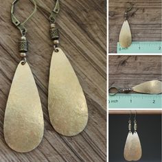 Festival Teardrop Earrings With Ear Wire, Teardrop Copper Jewelry For Festivals, Brass Long Drop Teardrop Earrings As Gift, Nickel Free Teardrop Earrings For Festival, Handmade Antique Gold Teardrop Jewelry, Teardrop Earrings For Festival, Nickel Free Brass Teardrop Dangle Earrings, Bohemian Teardrop Hammered Jewelry, Handmade Gold Teardrop Earrings