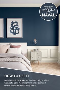 a bedroom with blue walls and white furniture in the background is an advertisement for naval