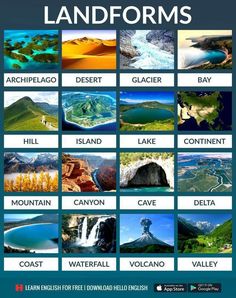 an image of landforms with the names in english and spanish, including volcanos, water