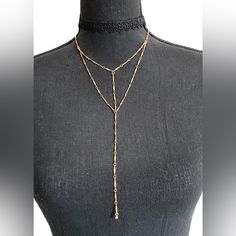 This Mia Collection Choker Set Comes With A Black Lace Choker As Well As A Double Y Drop Gold Toned Necklace. This Is A Brand New Boutique Item In Original Packaging. The Hardware Is Gold Toned With A Lobster Clasp Closure. Elegant Festival Necklace With Delicate Chain, Elegant Festival Necklaces With Delicate Chain, Gold Choker Necklace For Night Out, Trendy Choker Necklace For Night Out, Delicate Chain Necklace For Festivals, Adjustable Necklaces For Night Out, Chic Layering Choker, Chic Double Strand Layered Necklace For Party, Chic Lariat Necklace For Layering