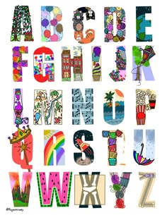 the letters are made up of colorful images