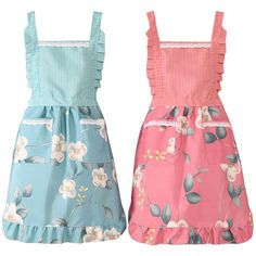 two dresses with flowers on them, one in pink and the other in aqua blue