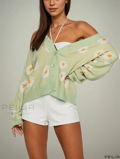 Peilia - Daisy Patterned V-Neck Button-Up Cardigan: Chic Long Sleeve Sweater for Women Sweater For Women, Daisy Pattern, Sleeve Sweater, Long Sleeve Sweater, Flower Patterns, Knit Fabric, Knitted Fabric, Collar Styles, Daisy