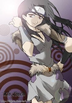 an anime character with long black hair and fur on her arm, standing in front of a purple background