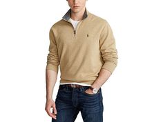 Polo Ralph Lauren Luxury Jersey Quarter-Zip Pullover - Men's Clothing : Luxury Tan Heather/C888 : Whether going out this weekend or staying in, look and feel your best wearing the Polo Ralph Lauren Luxury Jersey Quarter-Zip Pullover. This long-sleeve pull-over offers a business-casual style with its luxurious mock neck and soft, tight fabric for a fitted look. Quarter-zip placket. Long-sleeve construction with ribbed knit cuffs and hem. Signature embroidered pony at the left chest. 67% cotton, 2 Long Sleeve Polo Sweater For Business Casual Fall, Business Casual Long Sleeve Polo Sweater With Ribbed Cuffs, Workwear Long Sleeve Turtleneck, Casual Fitted Half-zip Sweater, Business Casual Long Sleeve Sweater With Ribbed Collar, Business Casual Long Sleeve Sweater With Ribbed Cuffs, Fall Business Casual Polo Sweater, Sleeve Construction, Fashion Business Casual