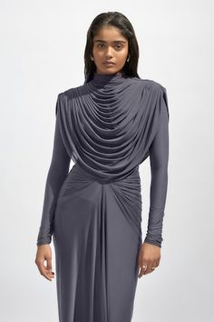 Purple malai lycra and net dress with cowl neck and draped detailing. - Aza Fashions Gray Maxi Dress, Luxurious Dresses, Purple Maxi, Cowl Dress, Purple Maxi Dress, Grey Maxi, Net Dress, Grey Maxi Dress, Cowl Neck Dress