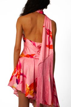 Unleash your flirty side with our Aloura Dress in the Into the Bloom print, an essential piece for your next getaway or night out. This mini dress showcases a beautiful bias cut that flatters your silhouette and features a low waist for a chic, modern look. Crafted from silk satin, it drapes beautifully and includes a fringe scarf that creates a versatile halter neck, which can be styled in multiple ways. Fringe Scarf, Tassel Fringe, Low Waist, Halter Neck, Summer Sale, Silk Satin, Night Out, Spring Summer, Satin