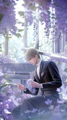 a man in a suit sitting on a bench next to a piano and purple flowers