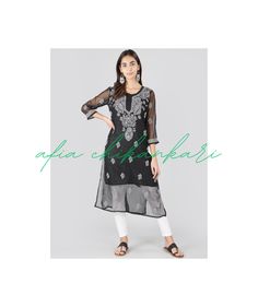 Chikankari black kurti with Gala Booti Work : Elevate your wardrobe with our stunning black georgette Chikankari Gala Booti work, meticulously handcrafted to perfection. This elegant piece showcases the timeless beauty of Chikankari embroidery, a traditional art form originating from the city of Lucknow, India. The intricate booti work, delicately crafted with fine threads, creates a mesmerizing pattern that adorns the entirety of the black georgette fabric. Each booti is thoughtfully embroidered by skilled artisans, who dedicate countless hours to ensure the utmost precision and attention to detail. Crafted on lightweight georgette fabric, this Chikankari Gala Booti work is not only aesthetically pleasing but also offers a comfortable and breathable experience. The flowing fabric drapes g Fitted Black Traditional Wear With Self Design, Festive Black Dress With Self Design, Black Long Kurta For Eid, Anarkali Black Salwar Kameez With Self Design, Black Bollywood Dress With Self Design, Traditional Black Long Sleeve Kurta, Designer Black Kurta With Self Design, Black Long Sleeve Kurta For Festive Occasions, Black Semi-stitched Self Design Dress