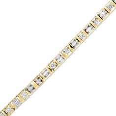 Mix it up a little with this sparkling baguette and round diamond bar bracelet. Crafted in warm 10K gold, this striking line design features squared links centered with round diamonds alternating with polished bar-edged links that hold baguette-cut diamonds. Radiant with 1/2 ct. t.w. of diamonds and a brilliant buffed luster, this smart 7.0-inch bracelet secures with a tongue and groove clasp. Classic Diamond Bracelet With Baguette Diamonds, Classic Rectangular Baguette Diamond Bracelet, Baguette Diamond Bracelet In Yellow Gold, Yellow Gold Baguette Cut Diamond Bracelet, Yellow Gold Diamond Bracelet With Baguette Cut, Gold Baguette Cut Diamond Bracelet, Yellow Gold Diamond Bracelet With Baguette Diamonds, Diamond Bar Bracelet, Sparkly Bracelets