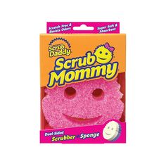 the scrubbo mommy toy is pink and has a smiley face on it