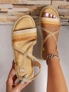 Update your beach vacation style with these woven sandals featuring a one line buckle design. The thick, textured sole and wedge heel provide comfort and stability, while the random pattern adds a unique touch. Perfect for a day at the beach or a casual evening out. Color : Multicolor Heel Height : Low Heel Upper Material : PU Leather Lining Material : PU Leather Insole Material : Suedette Outsole Material : EVA Vacation Espadrilles With Textured Footbed And Straw Material, Vacation Straw Espadrilles With Textured Footbed, Beach Season Espadrille Sandals With Textured Footbed, Espadrille Sandals With Textured Footbed For Beach Season, Adjustable Espadrille Wedge Sandals For Beach, Comfortable Espadrille Sandals For Vacation, Beach Season Espadrilles With Textured Footbed, Summer Espadrille Sandals For Vacation, Beige Beach Sandals With Buckle Closure