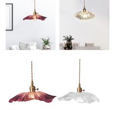 three different types of lights hanging from the ceiling