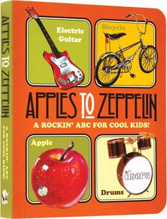 an orange book cover with pictures of musical instruments and symbols on the front, along with words that read apples to zeffenin