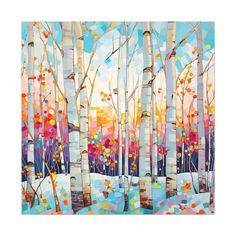 an abstract painting of trees with colorful leaves