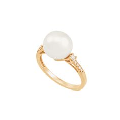 Stay classic and on-trend all at the same time with this chic ring! A head-turning 10-10.5 mm white freshwater pearl is set atop a dainty 14K gold band, dotted with sparkling round-cut diamonds totaling 1/10 ct. Ring face measures 1/2 by 1/2 inches. Size: one size.  Gender: female.  Age Group: adult. Classic White Pearl Ring With Diamond Accents, Elegant White Rings With Pave Setting, Classic White Rings With Diamond Accents, Classic White Jewelry With Tension Setting, Classic White Round Band Ring, Classic White Round Rings, White Timeless Ring With Tension Setting, Timeless White Ring With Tension Setting, Refined White Ring For Anniversary