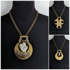 "There's two styles of necklaces in this listing: Three epic one of a kind necklaces made from antique brass horse medallions from the early-mid 1900's. Since Ancient Roman times horse brasses have been used as good luck talismans to ward off evil. I obtained the medallions from an antique dealer in France who sourced them in England. The medallions are antique and have a natural patina and signs of wear due to their age. All the chains close with a large heavy duty clasp and have a tiny triangle hanging down the back. The necklace chain lengths are the total length of the necklace, end to end. These necklaces are heavy! Please refer to the second to last photo and choose the number you would like in the \"options\" section. Details: 1. Antique crescent moon brass horse tack, 1.75\" aura d Amulet Necklace With Large Pendant, Brass Amulet Long Necklace, Long Brass Amulet Necklace, Bronze Brass Amulet Necklaces, Gold-tone Brass Amulet Necklace, Necklace Chain Lengths, Ancient Romans, Horse Tack, Necklace Chain