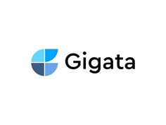 the logo for gigata is shown in black and blue colors on a white background